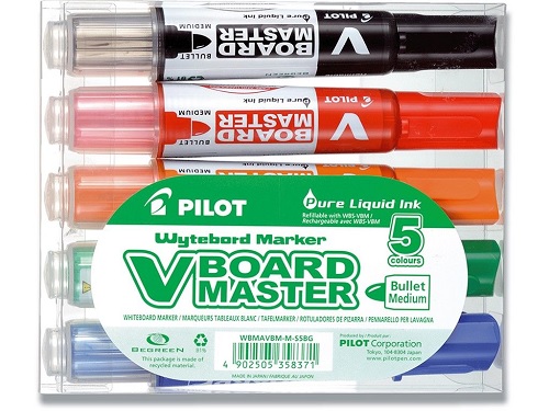 [11191] Whiteboard marker/Tusch, Pilot WB, rund spids, sort, rød, grøn, blå, orange, 2,3mm, (5 stk.)